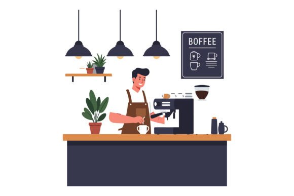Coffee Shop Barista Preparing Espresso: Graphics Illustrations