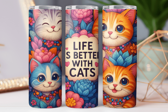 Floral Cute Kitty Tumbler Wrap Graphics Freebies